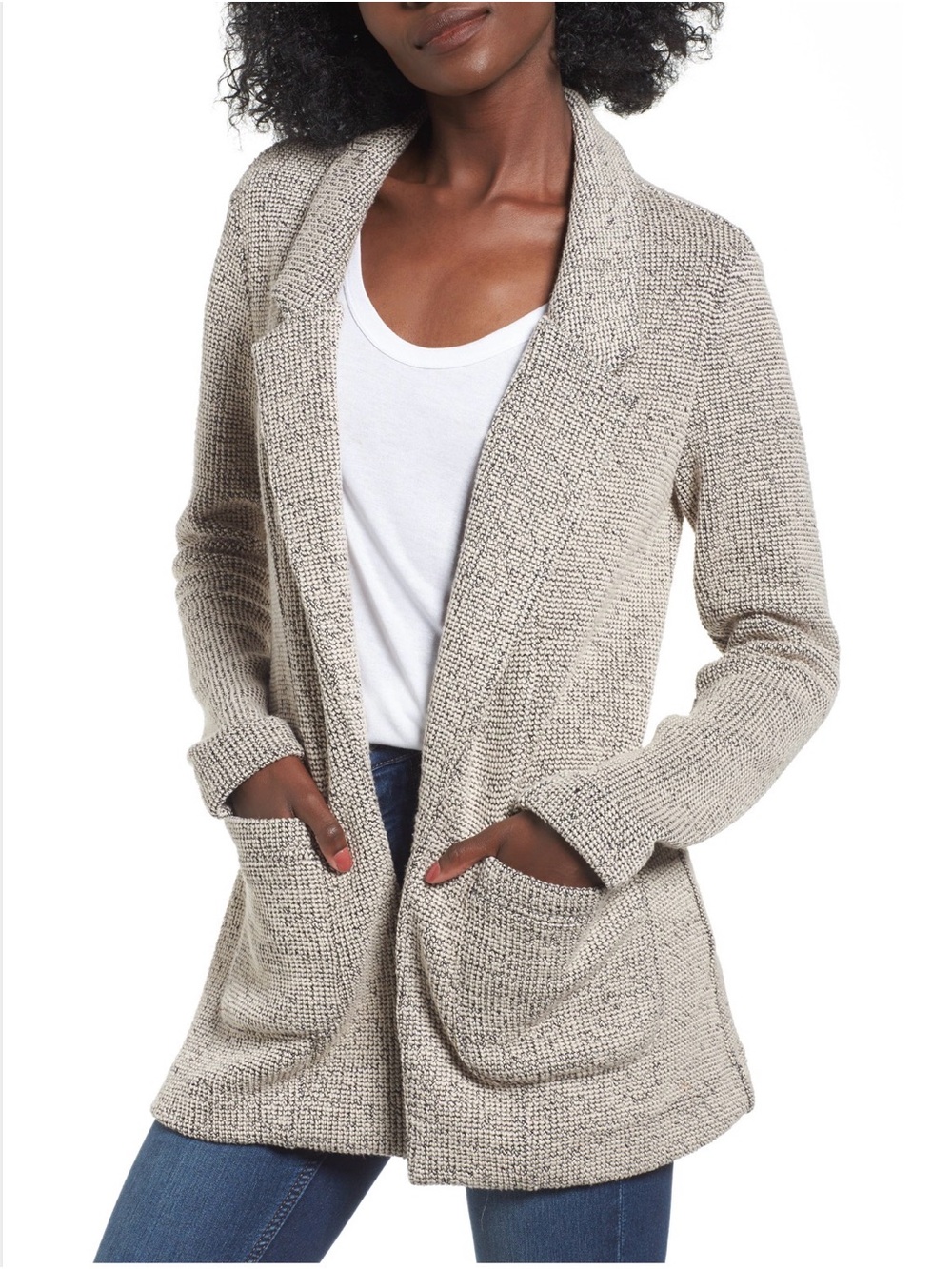 Astr the Label Tweed Knit Blazer Cream and Black Marled Pattern Size S